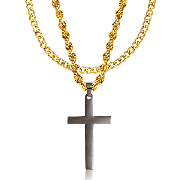 Gun Metal & Gold Cross Pendant & Cuban Chain Set - VIRAGE London, 6701